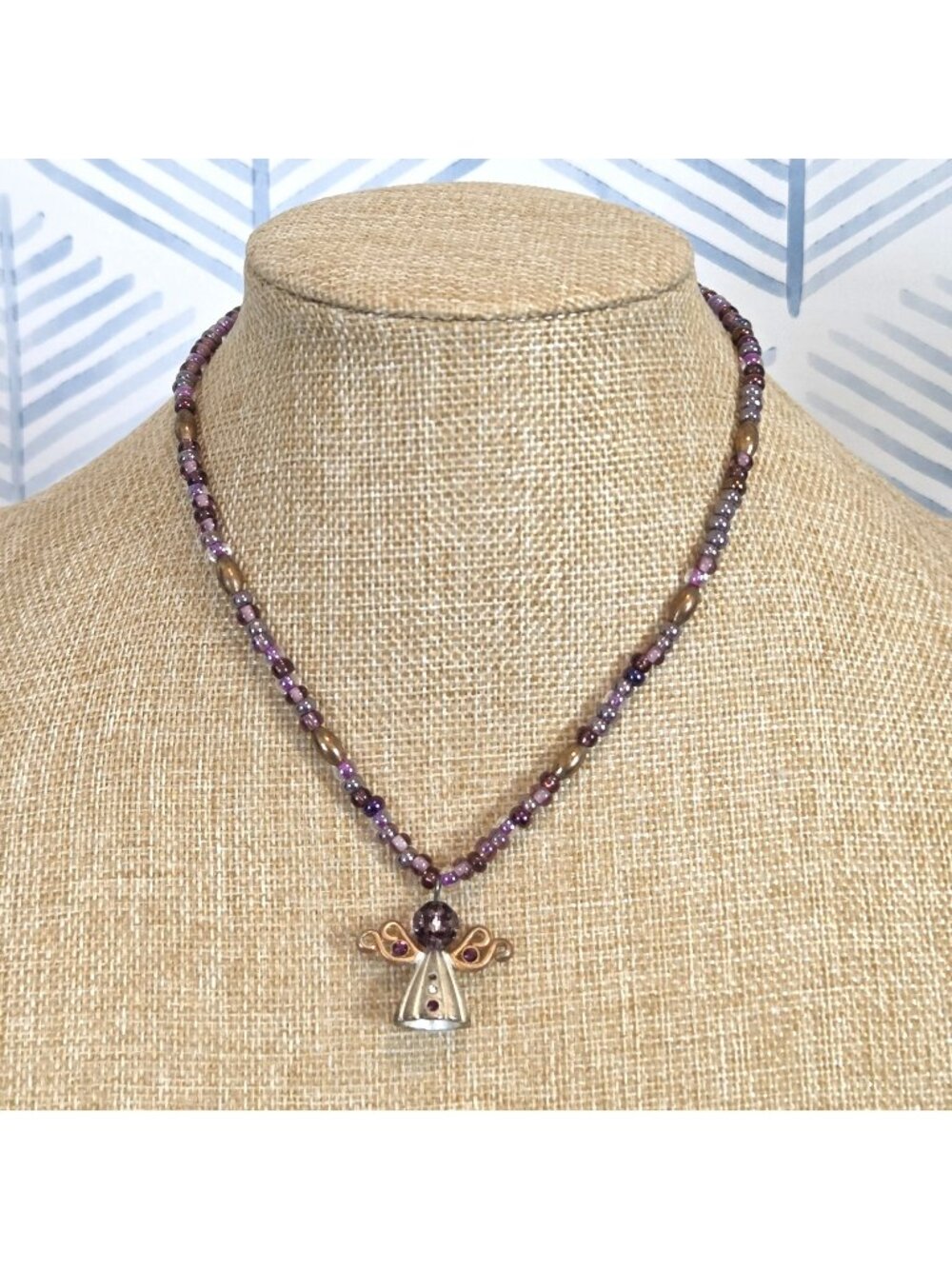 Artisan Purple Glass & Gold Tone Beaded 16" Necklace Angel Pendant
